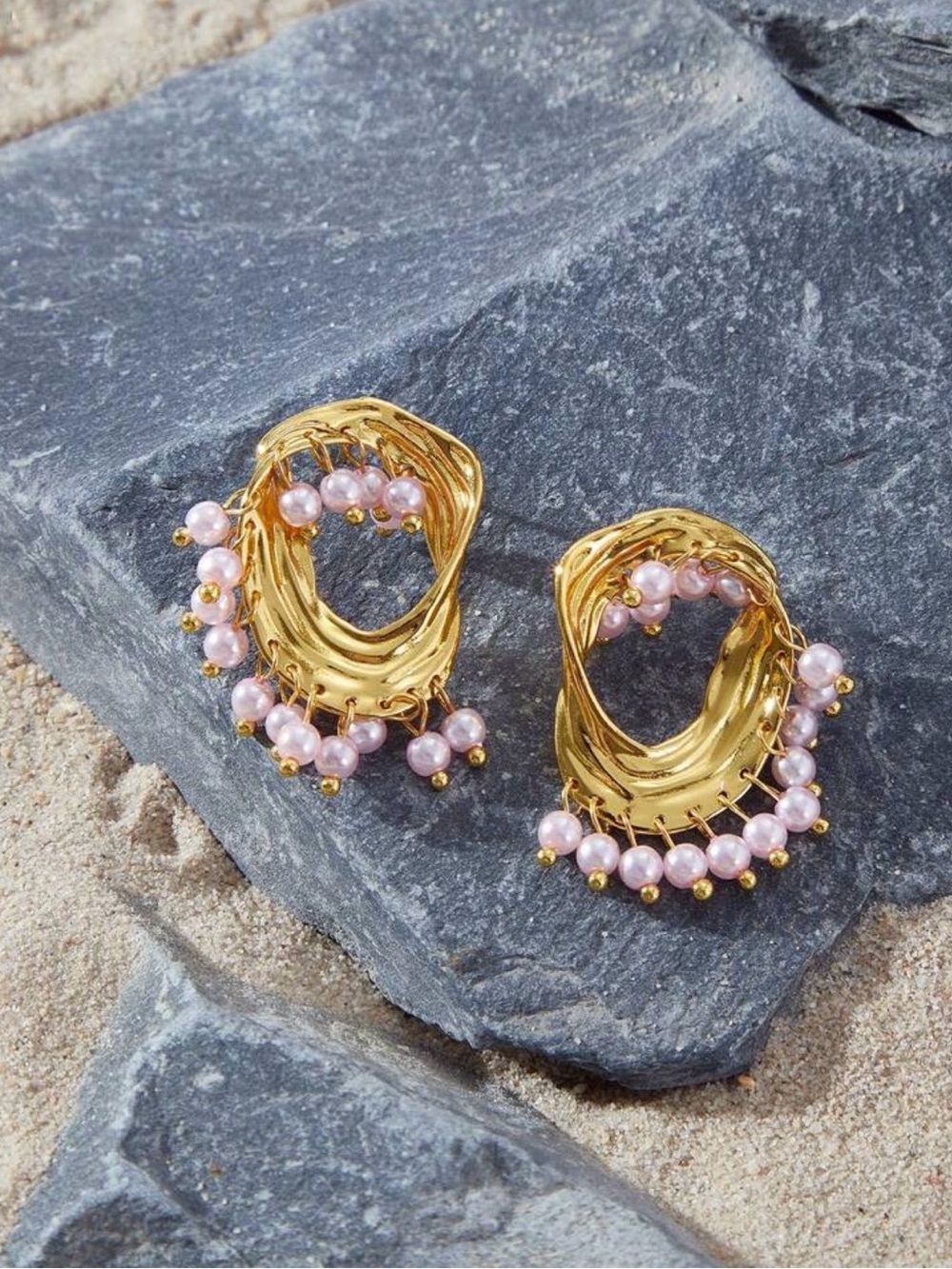 Gold Hoop Earrings with Pink Pearl Accents
